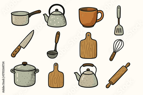 Cozy saucepan rolling vector mug bowl cutting icon pot kitchen knife icons