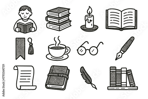 S glasses novel tea bookmark cup lover book icon scroll reading vector