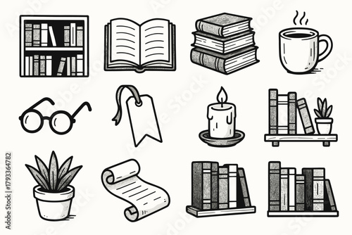 Set icon library shelf candle bookmark glasses modern pot novels vector