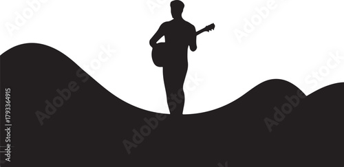 Silhouette of a man playing guitar on rolling hills