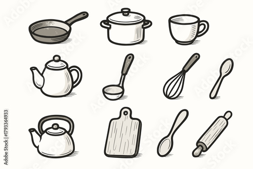Icon kitchen pot spoon vector cozy whisk board pin rolling frying icons