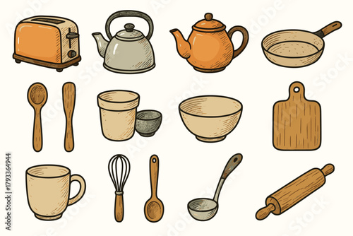 Icons spoon spatula cozy pan board icon vintage cutting kitchen kitchenware vector