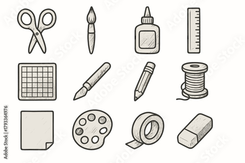 Craft vector mat workspace ruler palette tape glue bottle icon thread icons