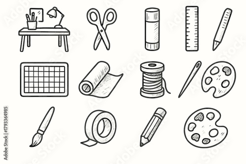 Icon spool pencil cutting ruler vector mat desk workspace paintbrush icons craft