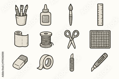 Workspace craft cutting eraser thread vector icon mat ruler icons roll tools