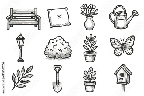 Garden birdhouse wooden vector leaf can lamp bush cushion icon flower set