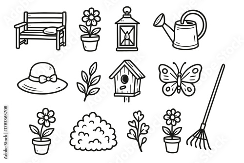 Vector garden can flower icon pot watering rake cozy outdoor seat set