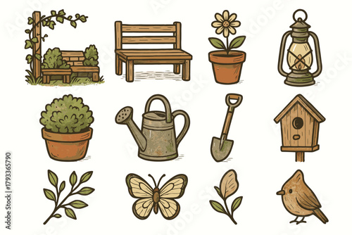 Garden seat shovel vector icon wooden branch potted bench rustic butterfly watering