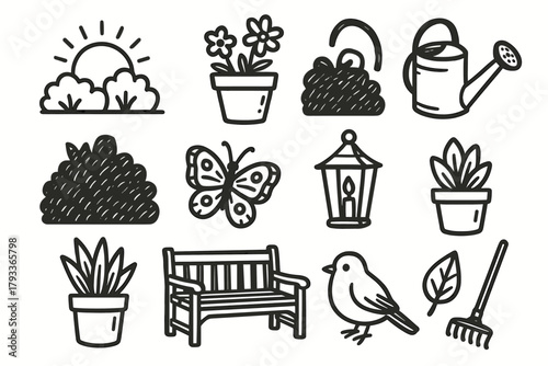 Butterfly set rake icon lantern pot bench vector can morning garden