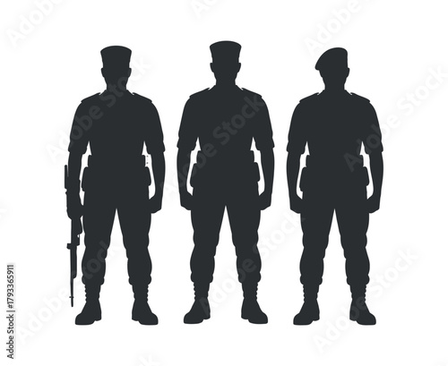 Silhouettes of Three Standing Military Men in Uniforms and Different Types of Caps, Soldier Guarding and Standing Tall