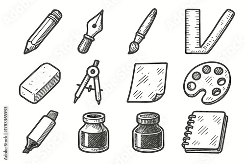Vector pot ruler compass art icon tool icons ink artist tools eraser