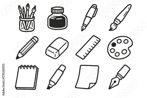 Nib palette icons creative brush paper pad icon pot tools materials vector