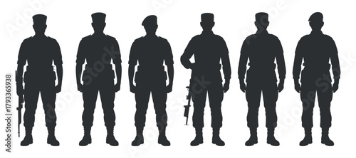 Set of Soldier Silhouette Standing in Attention Pose Vector Isolated on Plain Background in Dark Color for Military and Security Purposes Flat Design