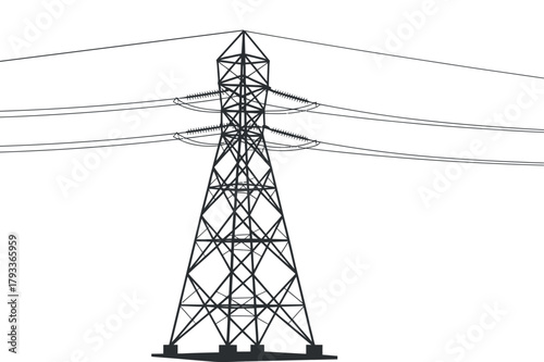 Electricity pylon tower vector illustration, transmission line support construction silhouette with power lines and cable insulator, energy supply equipment design