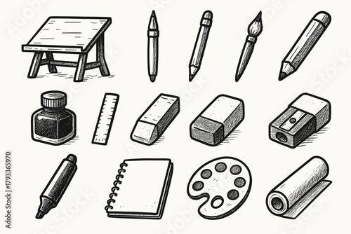 Icon set bottle vector palette ruler tools art paper modern desk sharpener
