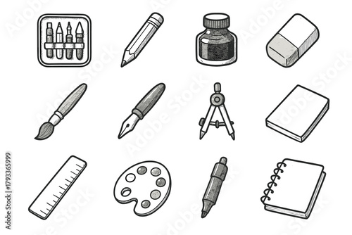 Tool drawing ruler paper kit ink drawn marker hand vector compass palette