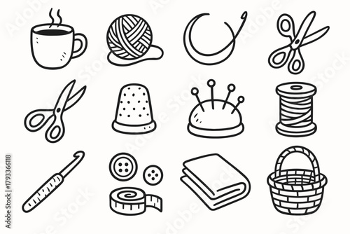 Icons knitting hook tape skein icon tools circular pincushion vector measuring needles