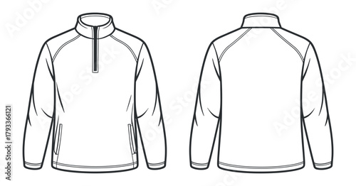 Outline of Quarter Zip Pullover Long Sleeve Shirt Front and Back View, Casual Clothing With Ribbed Collar, Cuffs, and Hem, Modern Design