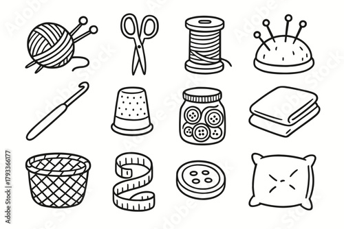 Hook small fabric basket jar icon tool vector yarn icons knitting tape