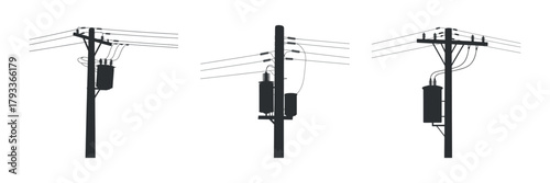 Set of Silhouette Electrical Poles with Wires and Transformer on White Background Isolated Objects Exactly One Hundred and Eighty Characters