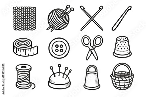 Tool thimble basket knitting crochet collection icon icons scissors vector spool tape
