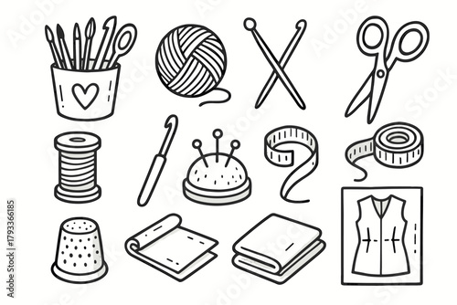 Hook crochet collection icon sheet spool kit knitting measuring tape vector