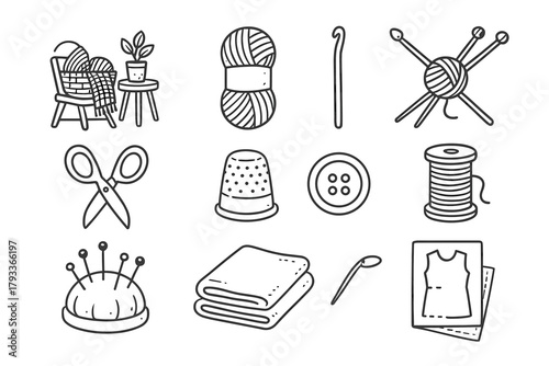 Fabric folded thimble button hook knitting sheet pincushion handmade icon icons vector
