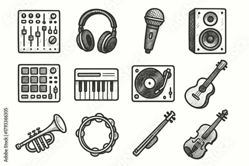 Vector headphones music gear drum piano trumpet set icon tambourine record mic