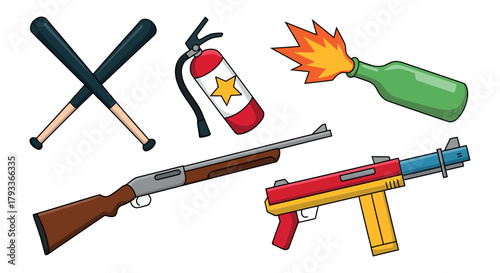 Set Of Weapon Vector Illustration Featuring Baseball Bats, Molotov Cocktail, Shotgun And Submachine Gun Isolated On Transparent Backdrop