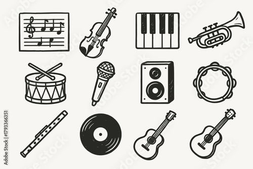 Tambourine icon trumpet grid speaker flute music icons vector classic guitar record