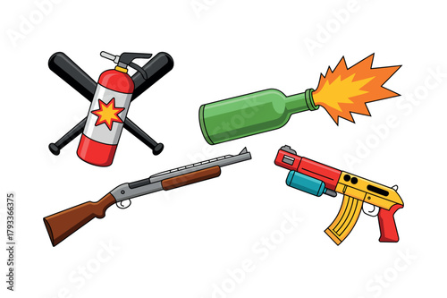 Set Of Weapon Vector Illustration Featuring Baseball Bats, Molotov Cocktail, Shotgun And Submachine Gun Isolated On White Backdrop