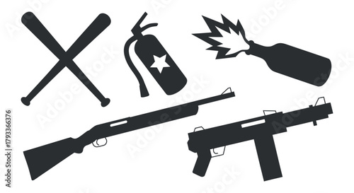 Collection of Dark Silhouette Icons Featuring Molotov Cocktail, Fire Extinguisher, Baseball Bats, Shotgun, and Machine Gun on Transparent Background