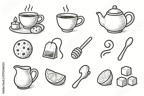 Stick icon cookie jug honey spoon vector set teacup lemon setup