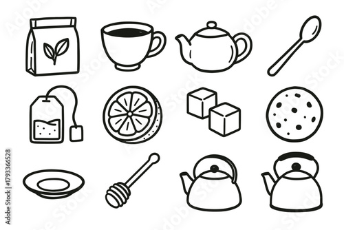 Honey dipper essentials teapot icons vector slice tea bag cubes icon