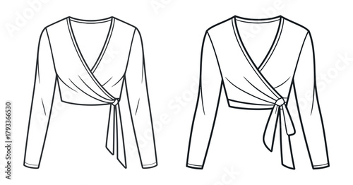 Wrap blouse long sleeve with tie trendy fashion sketch template technical drawing for girls and women trendy designer dresses casual wear vector