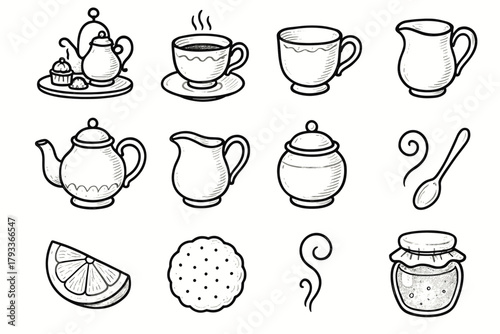 Lemon tea vector cup icon saucer teapot collection sugar swirl teacup bowl