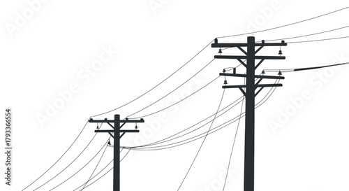 Silhouette of Two Utility Poles with Power Lines Against Transparent Background Showing the Electric Power Infrastructure and Distribution Grid