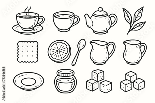 Collection tea set icons icon jar biscuit relaxing cubes honey vector teacup