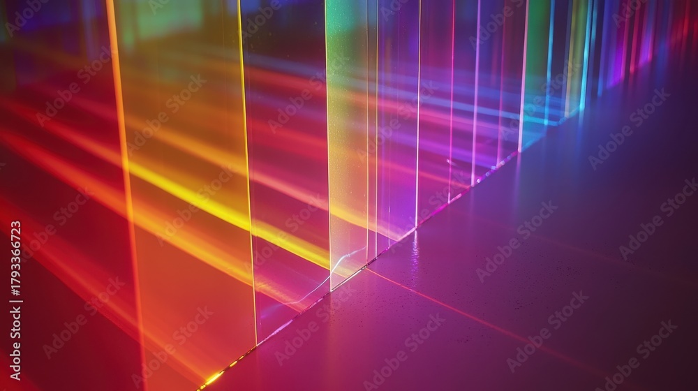 Fototapeta premium Laser beam divergence through transparent prisms creating rainbow spectrum interference patterns with vertical light rays and colorful reflections on surfaces