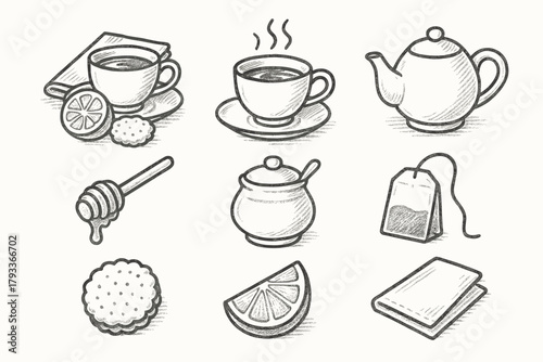 Vector icons napkin bag honey lemon setup teapot tranquil icon sugar tea