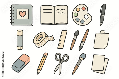 Pencil glue art scissors brush tape creative journal vector eraser sketchbook icon