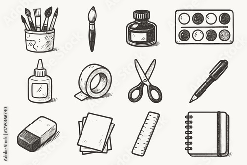Ink glue vector art icon pen washi bottle mixed tape stack icons