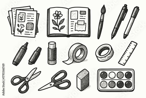 Vector ruler marker art journal icon open brush glue icons tape scissors