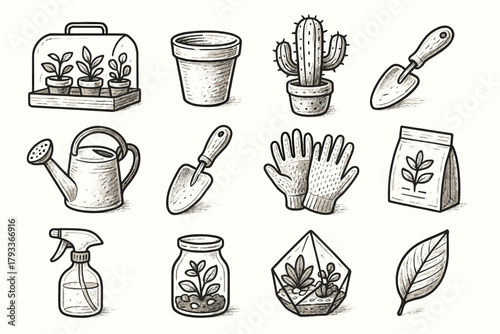 Terrarium icon gloves kit spray icons botanical soil set trowel vector packet