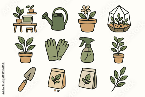 Grid gloves potted pot branch packet icon seed can vector flower botanical