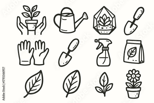 Set leaf icon botanical soil vector watering flower gloves sprayer packet terrarium