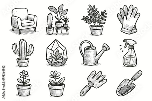 Can gloves vector watering pot potted soil icon botanical sprayer flower collection