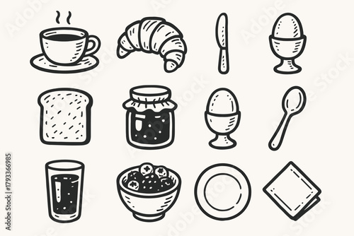 Plate vector berries egg set icons breakfast icon bowl spoon croissant knife