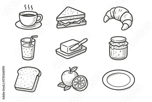 Orange icons tray honey morning toast vector teacup breakfast croissant icon butter