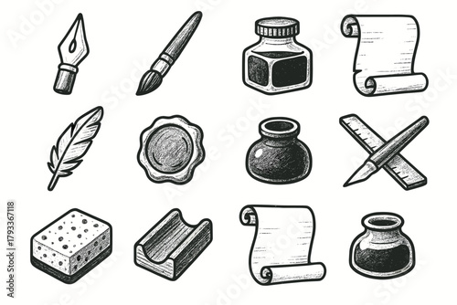 Nib rest ruler tools icons bottle icon vector pen calligraphy ink parchment